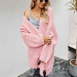 Autumn V-Neck Vintage Solid knitted cardigan women's Coat winter plus thick sweater coat women long s 210508