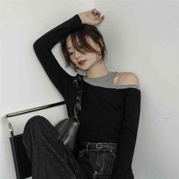 Fashion knitted T-shirt women spring style women's unilateral strapless bottoming shirt casual tops sale 210520