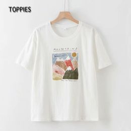 Toppies Summer Short Sleee White Cotton Tops Cartoon Printing Shirts Korean Fashion Summer Women Tops Y0508