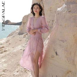 Pnik Beach Dress Women's Summer V-neck Waist Thin Long Sleeve Mid-calf Split Dresses Female Tide 5E252 210427