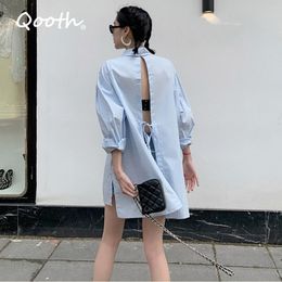 Qooth Korean Style Summer Women Blouse Cotton Tops Open Back Loose Shirt Designer Lantern Sleeve Long Shirts QT097 210518