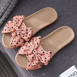 Summer Bowknot Linen Slippers Women Japanese Cute Wave Point Home Indoor Shoes Non-Slip Women's Linen Slippers Y1120