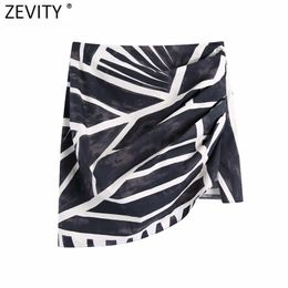 Zevity Women Vintage Pleats Design Black White Tie Dye Print Hem Irregular Skirt Faldas Mujer Female Side Zipper Vestidos QUN759 210412