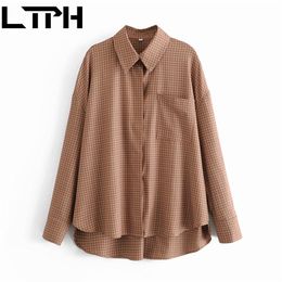 ins style vintage blouses for women Lapel Long Sleeve Loose Plaid Boyfriend Style Shirt chic tops Spring Autumn 210427