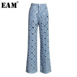 [EAM] Wide Leg Blue Denim Hollow Out Long Jeans High Waist Loose Women Trousers Fashion Spring Autumn 1K434 210629