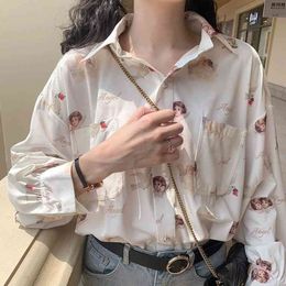 Deeptown Harajuku Angel Print Womens Shirt Vintage Elegant Blouse Women Autumn Lantern Sleeve Female Clothes Loose BF Shirt 210410