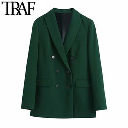 TRAF Women Fashion Double Breasted Office Wear Blazer Coat Vintage Long Sleeve Welt Pockets Female Outerwear Chic Veste 211019