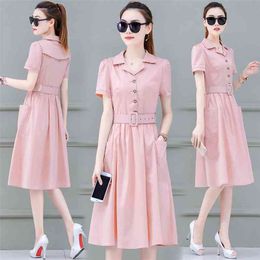 French style dress women's summer waist belt Office Lady Turn-down Collar Knee-Length 210416