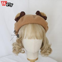 Berets Harajuku Women's Girls Bear Ear Bow Hat Sweet Lolita Cozy Wool Beret Beanie Artist Cap Female Winter Warm Hats Headdress