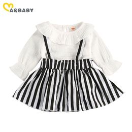 0-24M Spring Autumn born Infant Baby Girl Clothes Set Ruffles Long Sleeve Romper Striped Skirts Overalls Outfits 210515