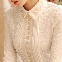 Autumn Winter Women Lace Embroidery Blouse Feminine Peter pan Collar Printed Patch Top Shirt Plus Size XXXLxxl xxxl