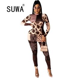 2 Piece Outfits For Women Letter Print Long Sleeve Slim-Fit Pullover Top High Waisted Pants Trousers Sexy Club Matching Sets 210525