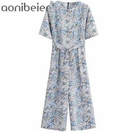 Fashion Ptinted Summer Short Sleeve O-Neck Zipper Back Women Rompers Ankle Length Casual Female Jumpsuits with Sashes 210604