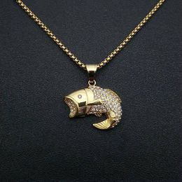 Hip Hop Chain Men big Fish Bone Statement Pendant Necklaces with zircon Gold Color Stainless Steel Fishing Hippie Kpop Jewelry