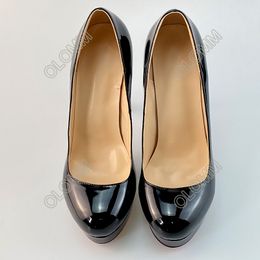 Olomm Handmade Women 2.5 Cm Platform Shiny Pumps 14 Cm Thin Heels Round Toe Elegant Black Dress Shoes Women Plus US Size 5-20