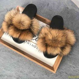 Real fox fur slides for women Home fluffy Flat Sandals Female Cute Fluffy House Shoes Woman raccoon fur slides H1122