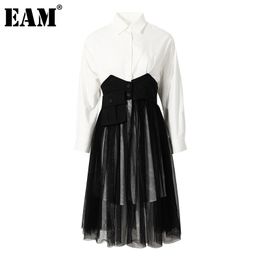 [EAM] Women Black Hem Pocket Mesh Spliced Shirt Dress Lapel Long Sleeve Loose Fit Fashion Spring Autumn 1DD80730 210512