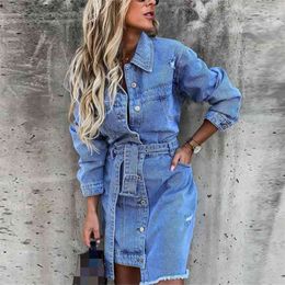 Women Casual blue Spring Denim Dress High Street TurnDown Collar Long sleeve Single pocket Dress Fashion Vintage Belt Dress 210715