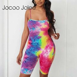 Jocoo Jolee Fashion Sexy Spaghetti Strap Colourful Tie Dye Jumpsuits Casual Bandage Sets Short Jogger Tracksuit 210619