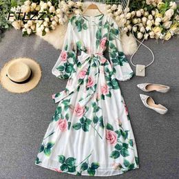 Women Party Dress Summer Autumn Vintage Floral Printed Long Dresses Ladies Elegant Bandage Robe Vestidos 210602