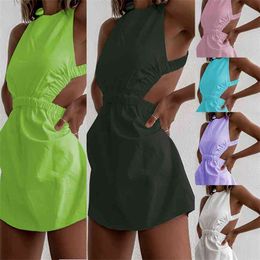Summer Dress Sexy Halter Cross Slim Sleeveless Female Pure Colour High Waist Backless Mini es For Women Robes Femme 210517