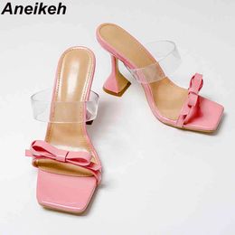 Women's Slippers Butterfly-Knot Patchwork Summer Fashion Sexy Wedding Head Peep Toe High Heels Sweet Ladies Shoes 210507