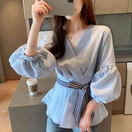 Women Long Puff Sleeve Blue Striped Blouse Top Elegant Office Ladies Summer Chic V-Neck Slim A-Line Belt Bow Shirt Blouses 210416