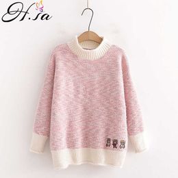 H.SA Women Pullover and Sweaters Half Turtleneck Knitted Pull Jumpers Cartoon Bear Embroidery Sweater Tops Patchwork Pull 210716