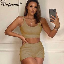 Colysmo Home Wear Two Piece Set Women Sleeveless Knitted Crop Top And Shorts 2 Casual Outfits Khaki Lounge 210527