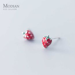 Charm Fruit Strawberry 925 Sterling Silver Red Enamel Cute Stud Earrings for Women Europe Jewelry Orecchini 210707