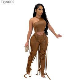 Womens 2 Piece Set Rock Style Bandage Suit Sexy Halter Hollow Out Crop Tops PU Leather Pants Sets Nightclub