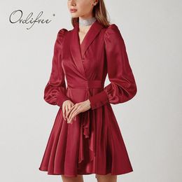 Spring Autumn Women Satin Mini Party Long Sleeve Burgundy Silk Shink Belted Elegant Short Office Lady Dress 210415