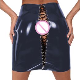 Plus Size Drawstring Lace Up Back Skirt High Waist PVC Mini Skirt Ladies Wetlook Dancing Bottoms Sexy Nightclub Uniform