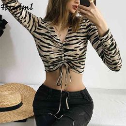 Short Outfit Shirts Casual Fashion Arrival Long Sleeve for Women Night Club Print Drawstring V Neck Sexy Tops 210513