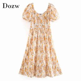 Summer Vintage Floral Print Midi Dress Women Puff Short Sleeve Embroidery Hollow Out Dress Elegant A Line Party Dresses 210414