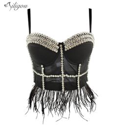 Sexy Designer Crystal Diamond Mesh Black And White Feather Cotton Camisole Top Summer Ladies Fashionable Short 210525