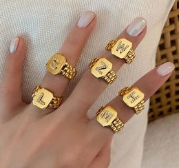 Adjustable 18k Gold Plated A-Z Letters Ring Watchband Square Initial Letter Rings For Women girls gift