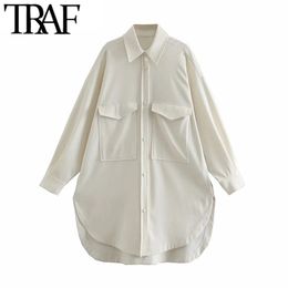 TRAF Women Fashion With Pockets Oversized Soft Touch Blouses Vintage Long Sleeve Side Vents Female Shirts Chic Tops 210415