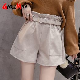 Autumn Winter High Waist Cotton Shorts with Belt Korean Style Women's Wide Leg A-line Woolen Thick Warm Boots 210428