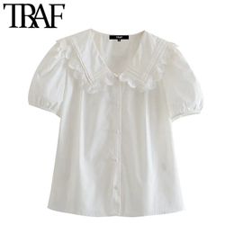 TRAF Women Sweet Fashion With Lace Trims White Poplin Blouses Vintage Puff Sleeve Button-up Female Shirts Chic Tops 210415