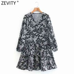 Women Vintage V Neck Leaves Print Pleats Ruffles Casual Dress Prairie Chic Ladies Long Sleeve Vestido Autumn DS4783 210420