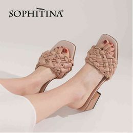 SOPHITINA Genuine Leather Summer Women Shoes Sandals Mid Square Heel Stylish Casual Square Toe High Quality Weave FO326 210513
