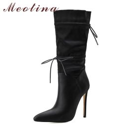 Mid-Calf Boots Women Shoes Super High Heel Female Pointed Toe Thin Heels Lace UP Lady Footwear Winter Black 210517