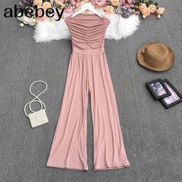 Summer Temperament slash neck sleeveless Jumpsuit high waist pleated waist casual wide leg solid Jumpsuit 210715