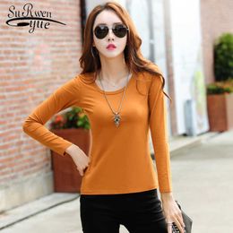 Plus Size Long Sleeve T-shirt Women Cotton Woman Shirt Autumn Slim Solid O-Neck Korean Fashion Office Lady Clothes 10629 210527