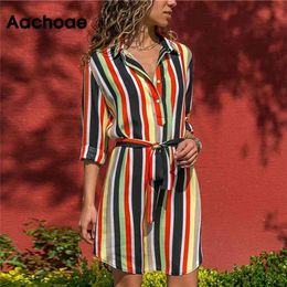 Aachoae Long Sleeve Shirt Dress Summer Boho Beach e Casual Striped Print A-line Mini Party Vestidos 210623