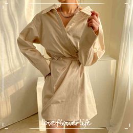 LoveFlowerLife Fashionable Elegant High Waist Vintage Korean Lace Up Mini Dress Women Spring Summer Shirt Dresses 210521