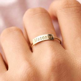 Minimalist Rectangle Signet Ring for Women Personalized Name Stamp Band Gold Tone Stainless Steel Jewelry Custom Initial Gift