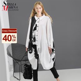 Korean Style Woman Long Sleeve White Print Shirt Dress Painting Plus Size Straight Girls Casual Midi Dress Loose Robe Femme 5459 210630