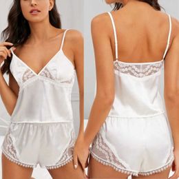 Spaghetti Strap Lace Pajama Set Sleeveless Trim Pyjamas Sleep Shorts Set Lace Pijama Suit Sleepwear Women Sexy White Nighties Q0706